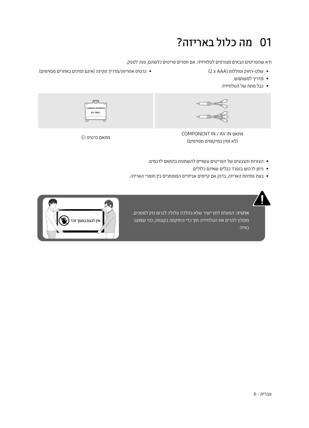 Samsung UE65MU7003UXSQ manual ?הזיראב לולכ המ0, שמתשמל ךירדמ, היזיוולטה לש חתמ לבכ, CI סיטרכ םאתמ Component in / AV in םאתמ 