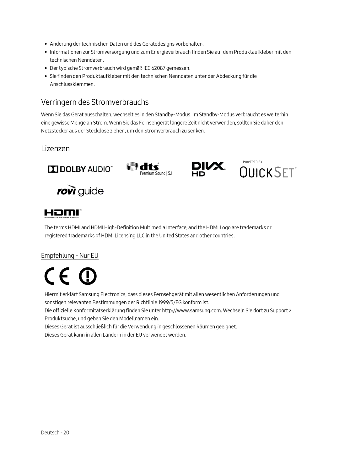 Samsung UE65MU7055TXXC, UE65MU7045TXXC, UE55MU7045TXXC manual Verringern des Stromverbrauchs, Lizenzen, Empfehlung Nur EU 