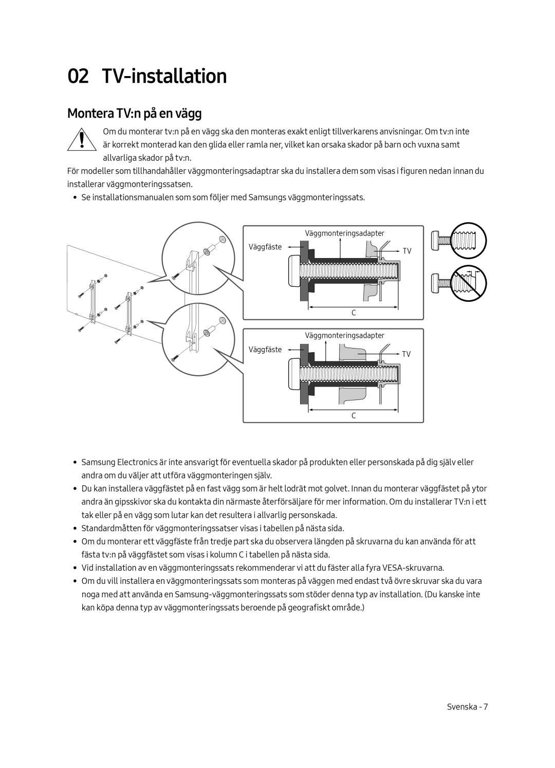 Samsung UE49MU7055TXXC, UE65MU7045TXXC, UE65MU7055TXXC, UE55MU7045TXXC manual TV-installation, Montera TVn på en vägg 