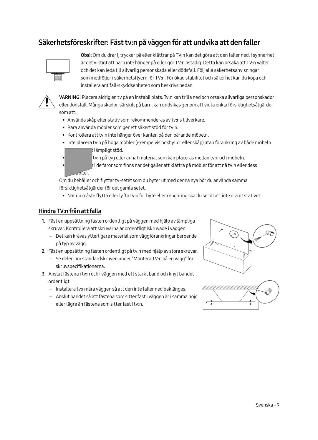 Samsung UE65MU7055TXXC, UE65MU7045TXXC, UE55MU7045TXXC, UE49MU7045TXXC, UE65MU7075TXXC manual Hindra TVn från att falla 