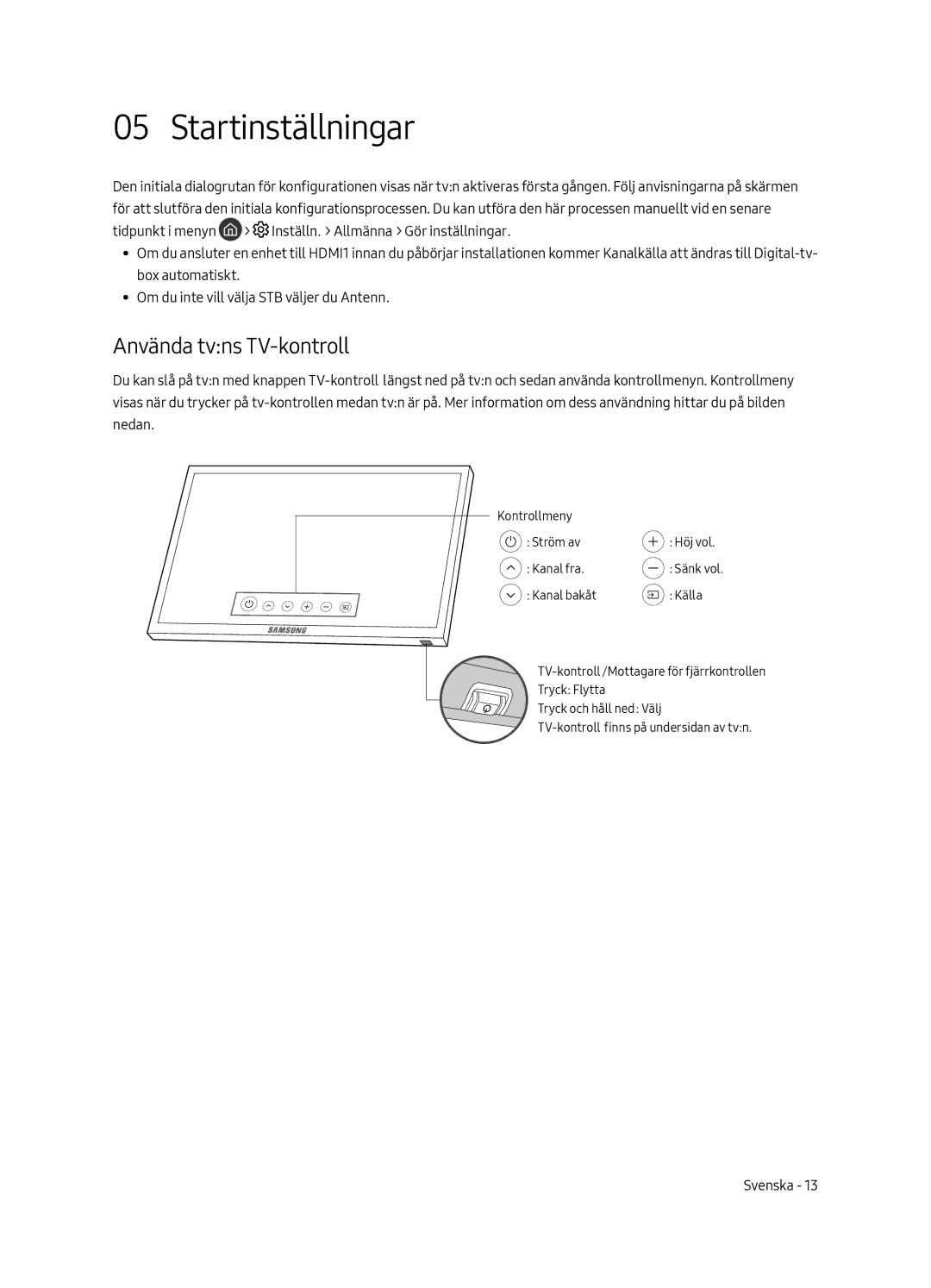 Samsung UE55MU7055TXXC, UE65MU7045TXXC, UE65MU7055TXXC, UE55MU7045TXXC manual Startinställningar, Använda tvns TV-kontroll 