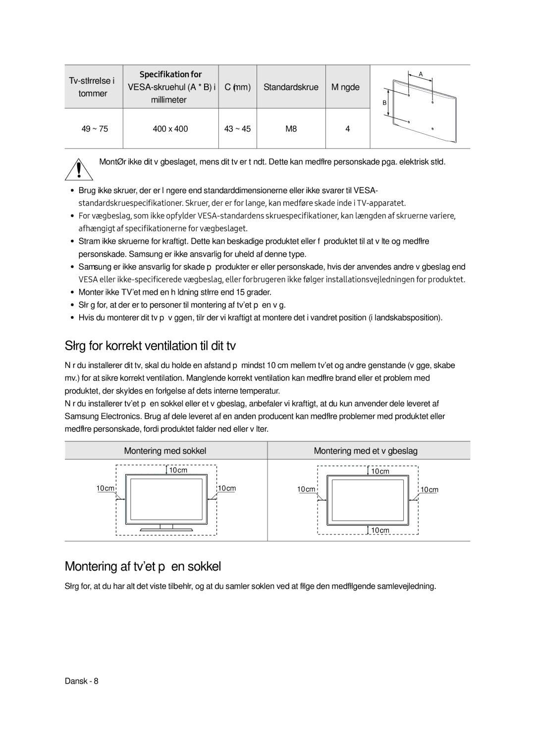 Samsung UE55MU7045TXXC, UE65MU7045TXXC manual Sørg for korrekt ventilation til dit tv, Montering af tvet på en sokkel 