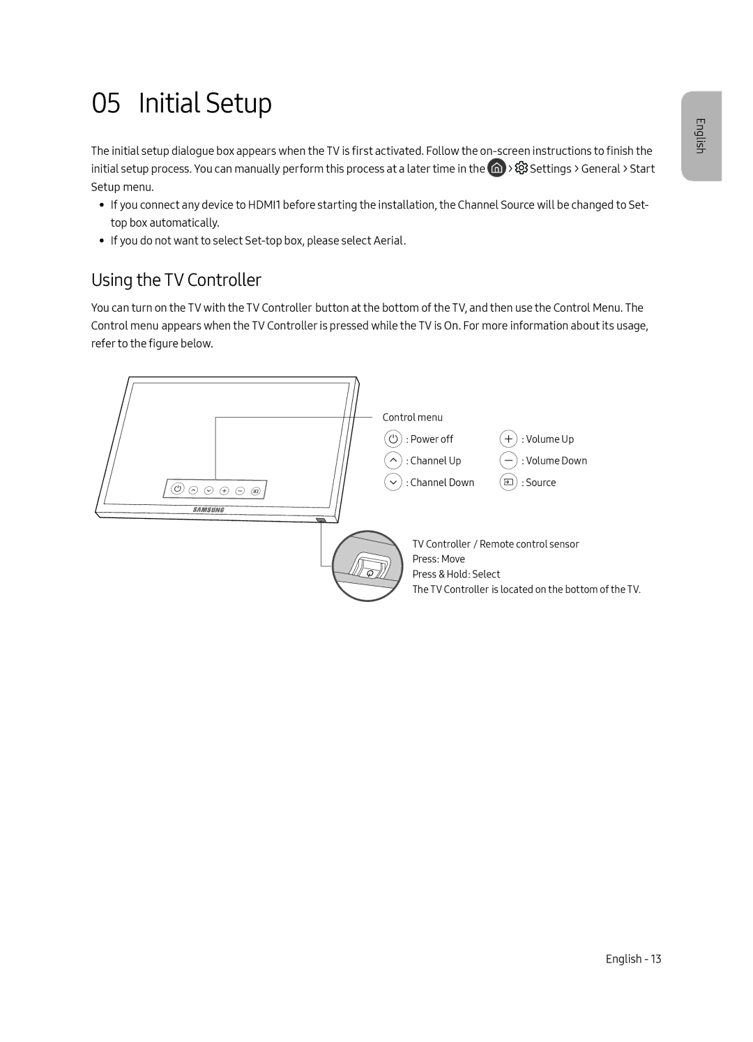 Samsung UE65MU7075TXXC, UE65MU7045TXXC, UE65MU7055TXXC, UE55MU7045TXXC, UE49MU7045TXXC Initial Setup, Using the TV Controller 