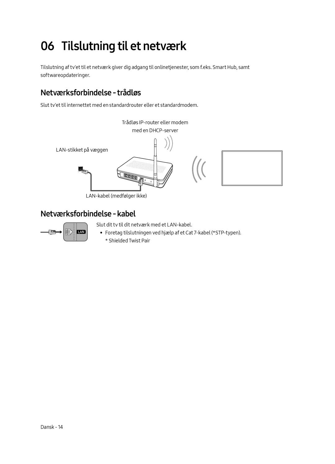 Samsung UE49MU7055TXXC, UE65MU7045TXXC Tilslutning til et netværk, Netværksforbindelse trådløs, Netværksforbindelse kabel 