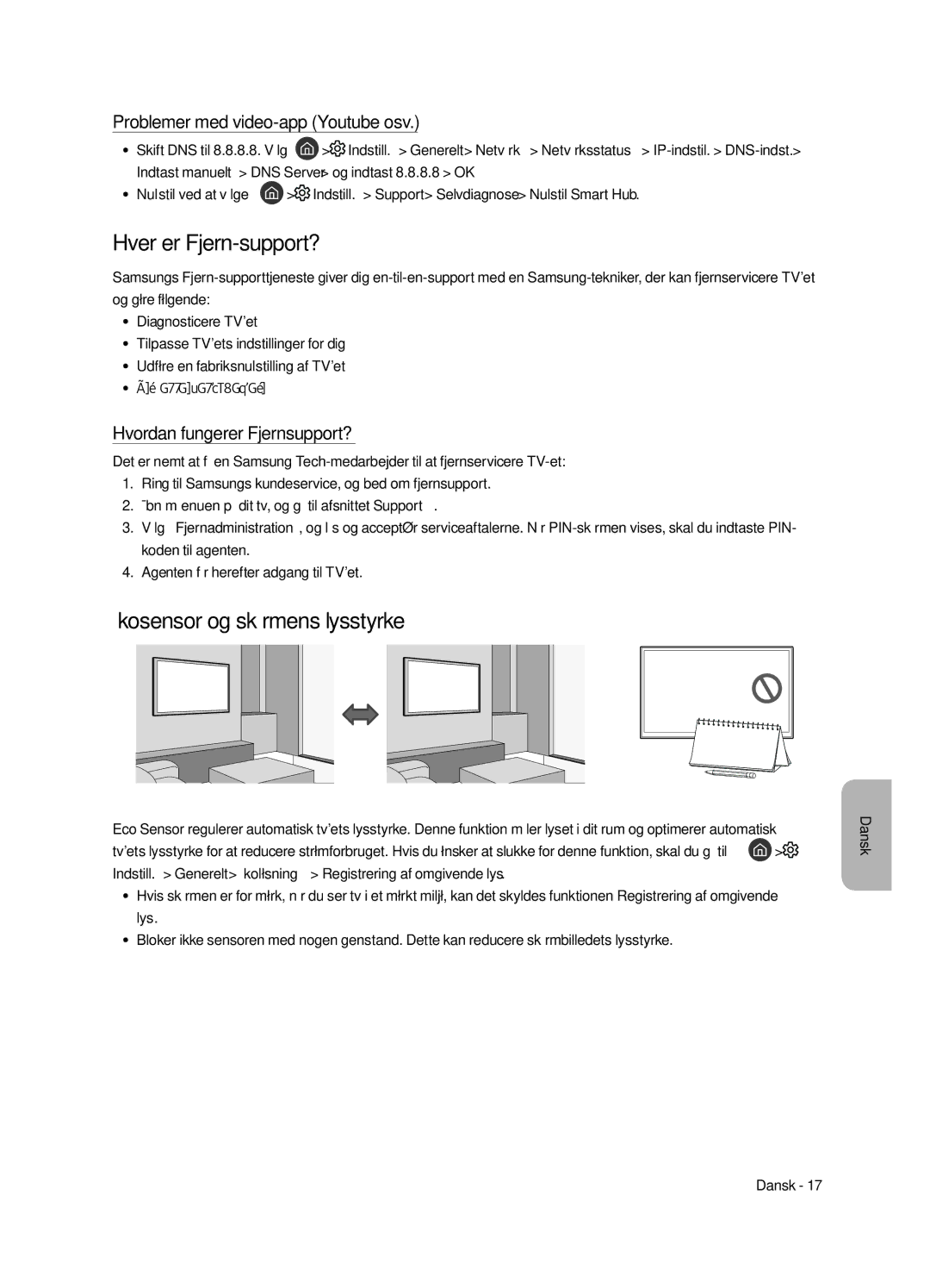 Samsung UE55MU7045TXXC manual Hver er Fjern-support?, Økosensor og skærmens lysstyrke, Problemer med video-app Youtube osv 