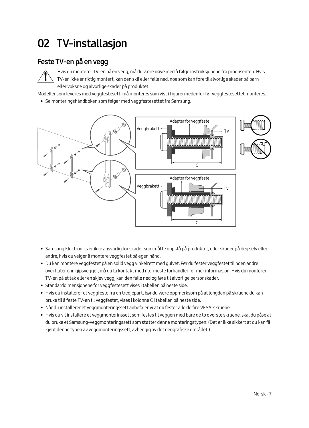 Samsung UE49MU7045TXXC, UE65MU7045TXXC, UE65MU7055TXXC, UE55MU7045TXXC manual TV-installasjon, Feste TV-en på en vegg 