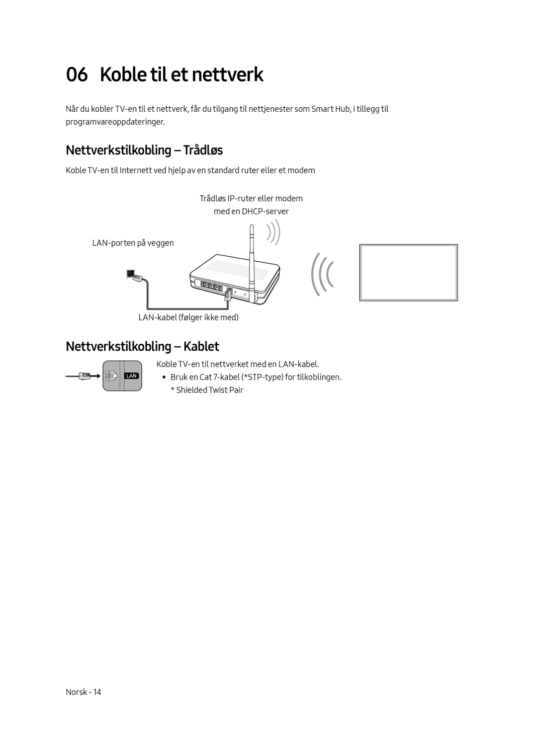 Samsung UE65MU7055TXXC, UE65MU7045TXXC manual Koble til et nettverk, Nettverkstilkobling Trådløs, Nettverkstilkobling Kablet 