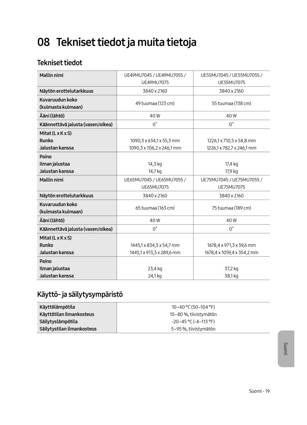 Samsung UE49MU7055TXXC, UE65MU7045TXXC, UE65MU7055TXXC manual Tekniset tiedot ja muita tietoja, Käyttö- ja säilytysympäristö 