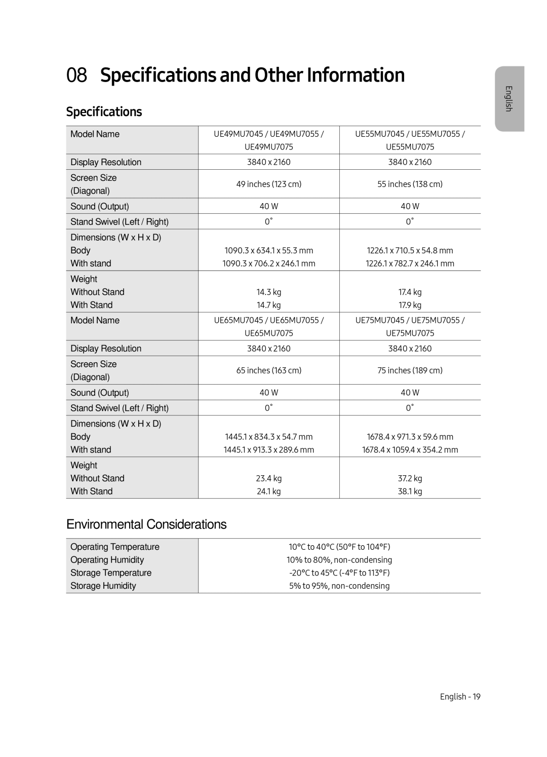 Samsung UE65MU7055TXXC, UE65MU7045TXXC, UE55MU7045TXXC Specifications and Other Information, Environmental Considerations 