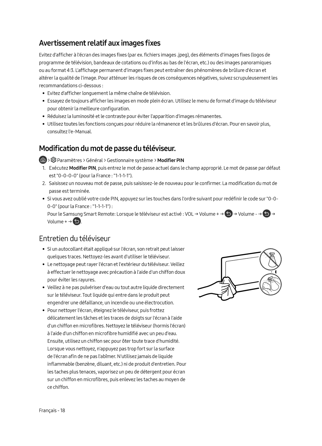 Samsung UE55MU7045TXXC Avertissement relatif aux images fixes, Modification du mot de passe du téléviseur, Volume + → 