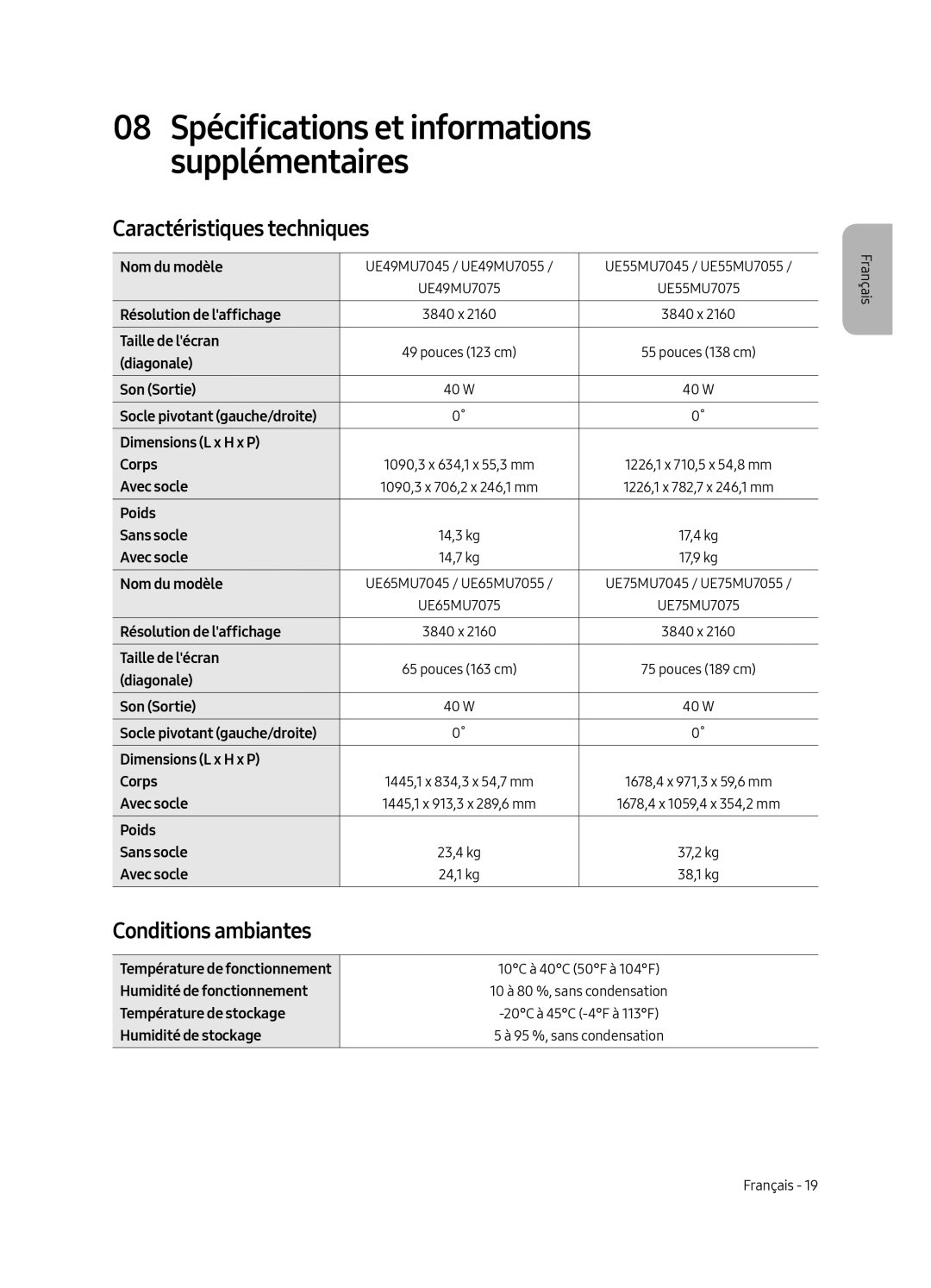 Samsung UE49MU7045TXXC, UE65MU7045TXXC, UE65MU7055TXXC, UE55MU7045TXXC Caractéristiques techniques, Conditions ambiantes 