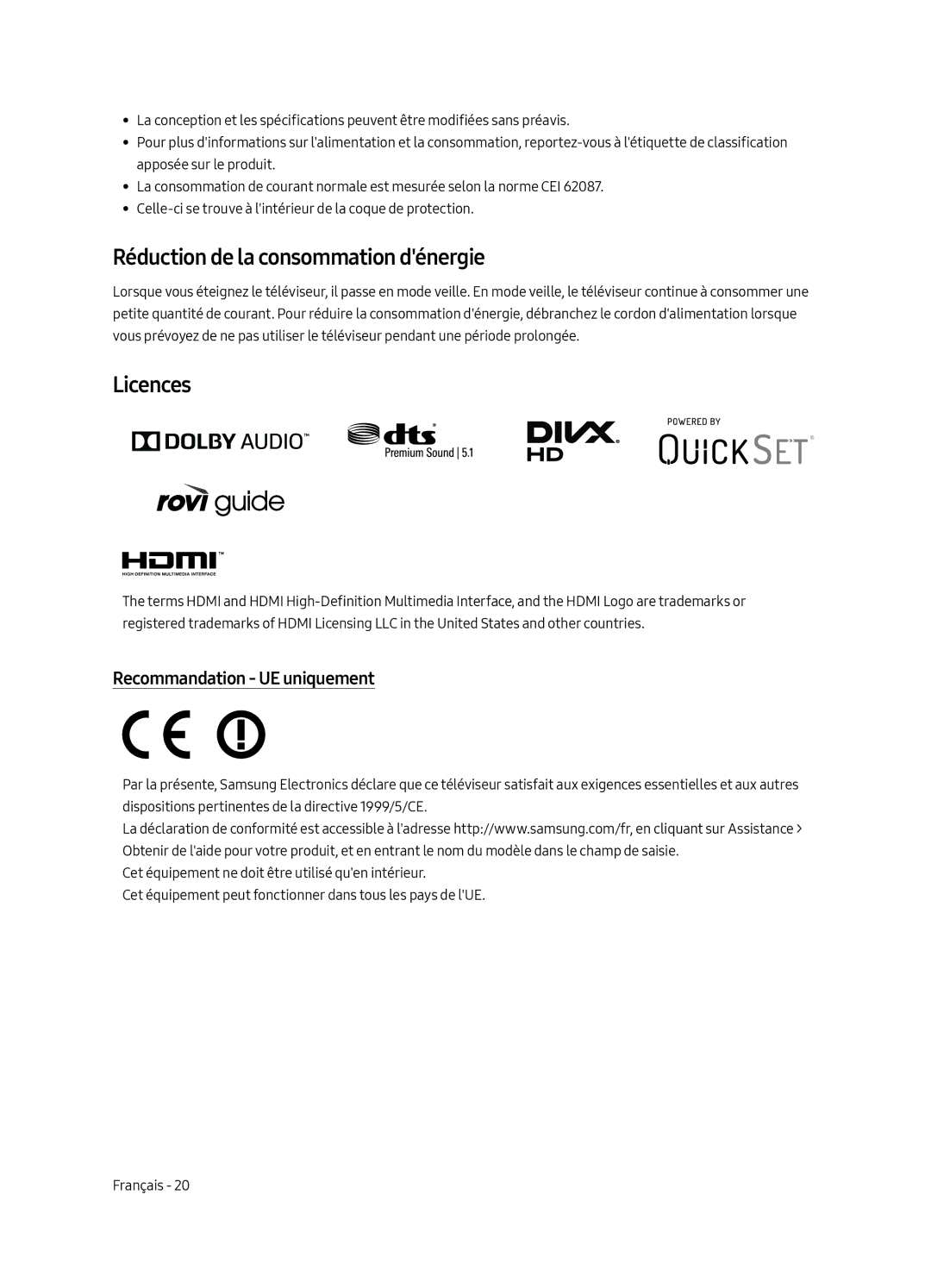 Samsung UE65MU7075TXXC, UE65MU7045TXXC, UE65MU7055TXXC Réduction de la consommation dénergie, Recommandation UE uniquement 