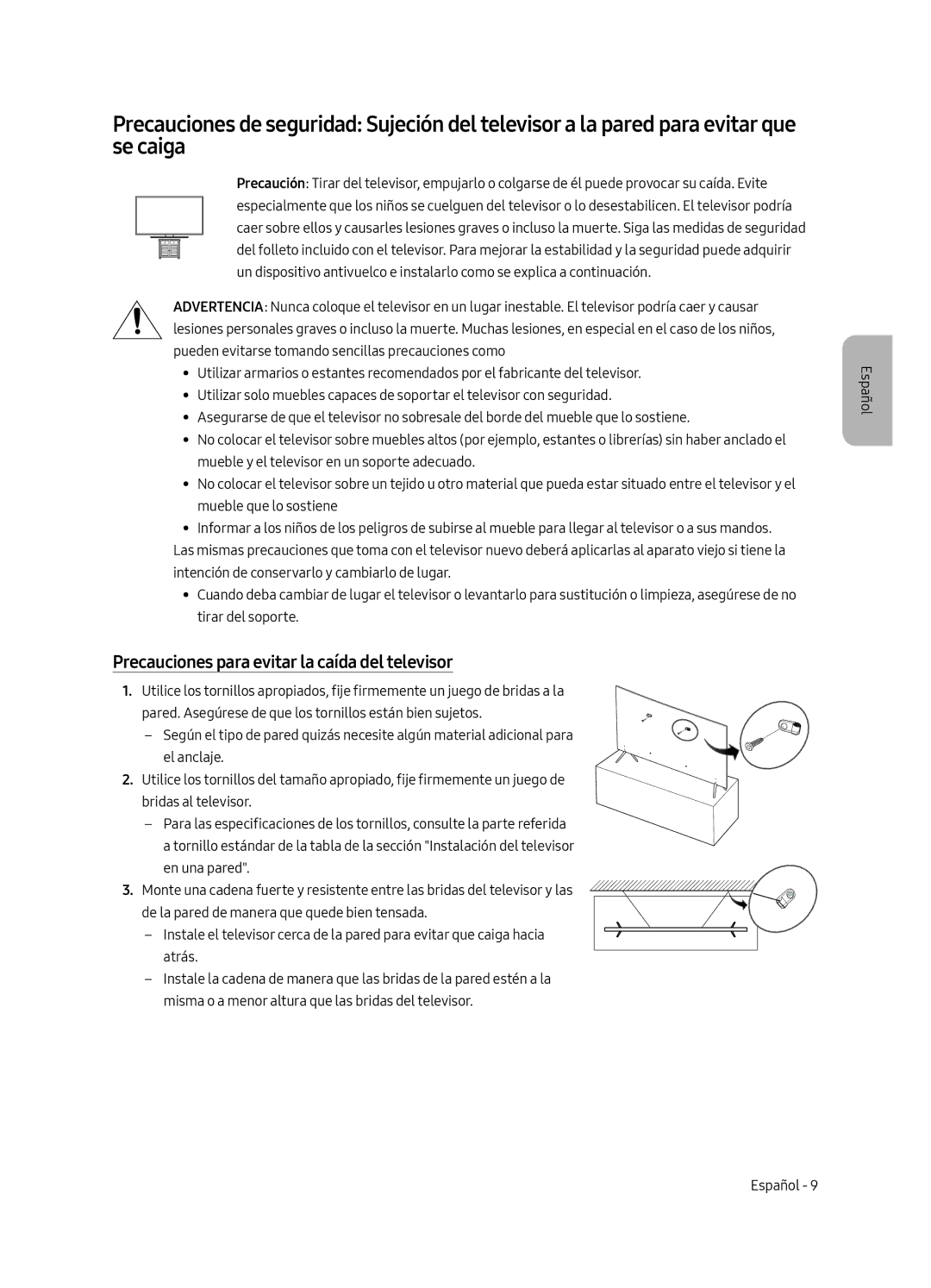 Samsung UE65MU7075TXXC, UE65MU7045TXXC, UE65MU7055TXXC, UE55MU7045TXXC manual Precauciones para evitar la caída del televisor 