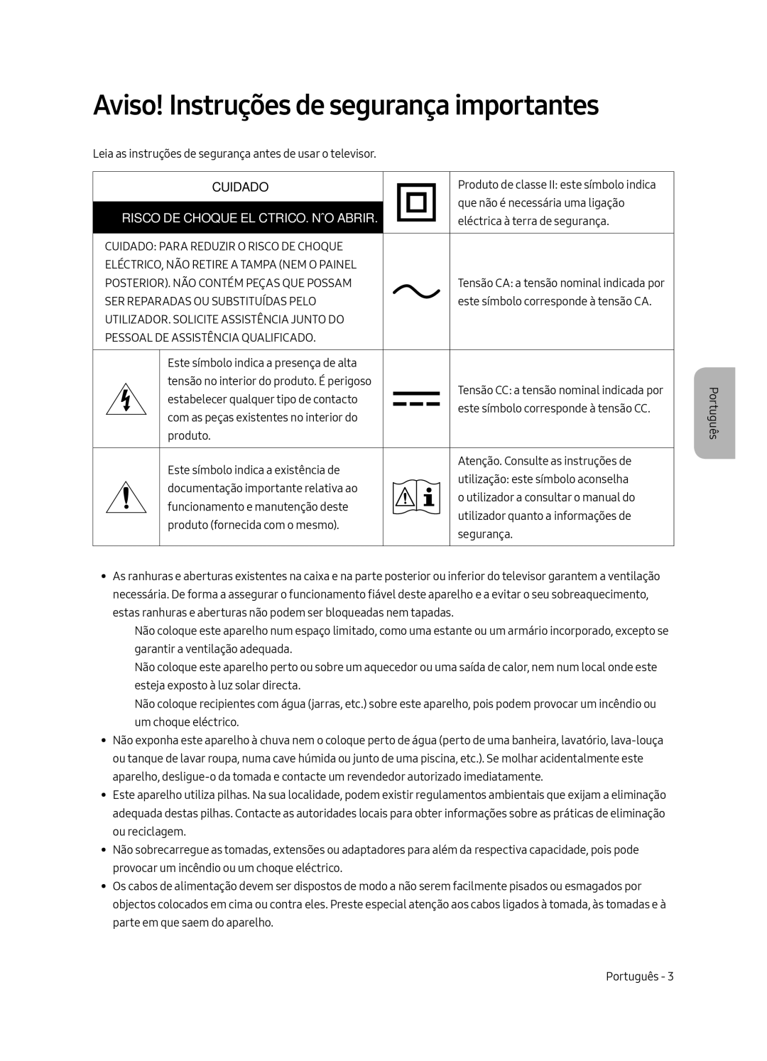 Samsung UE65MU7045TXXC, UE65MU7055TXXC Aviso! Instruções de segurança importantes, Risco DE Choque ELÉCTRICO. NÃO Abrir 