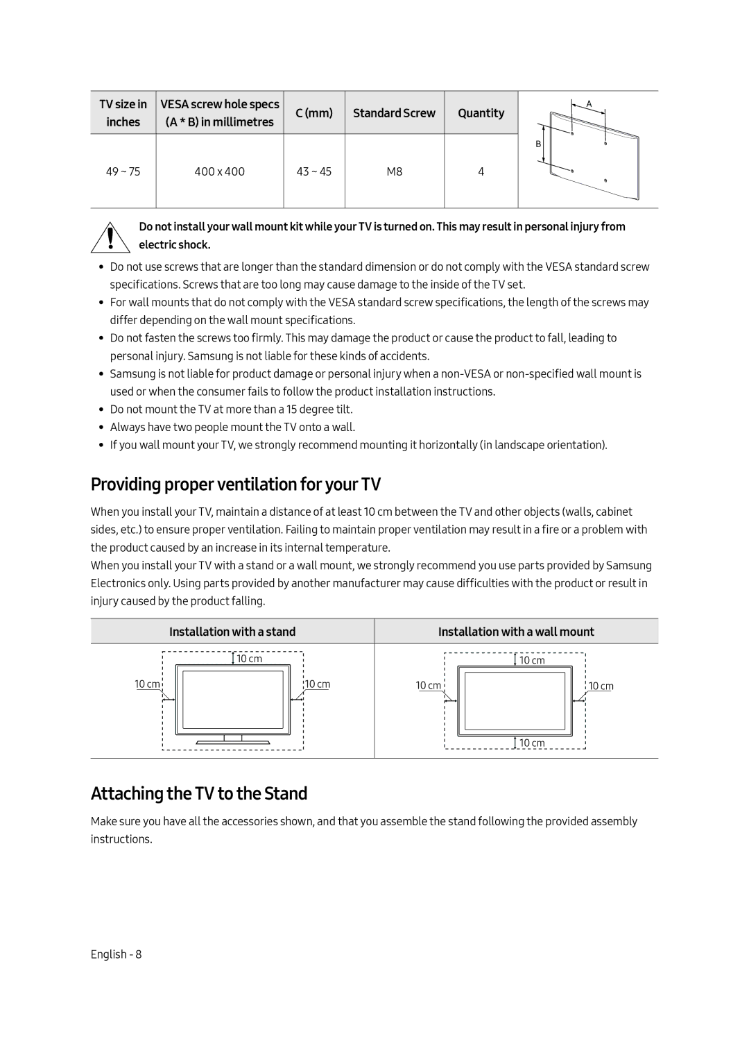 Samsung UE49MU7055TXXC, UE65MU7045TXXC Providing proper ventilation for your TV, Attaching the TV to the Stand, Quantity 