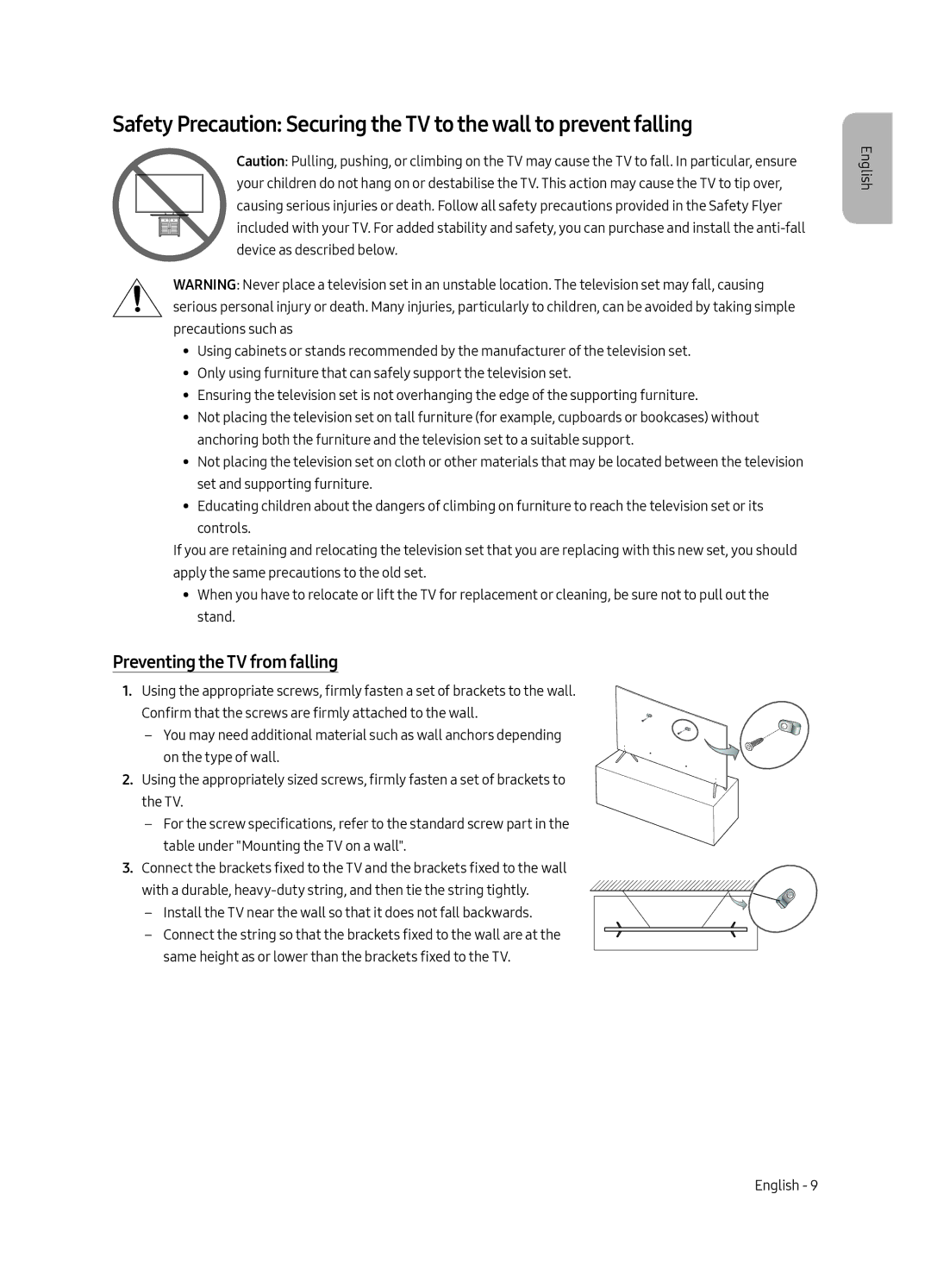 Samsung UE65MU7045TXXC, UE65MU7055TXXC, UE55MU7045TXXC, UE49MU7045TXXC, UE65MU7075TXXC manual Preventing the TV from falling 