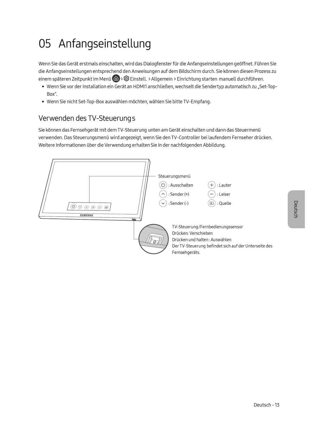 Samsung UE49MU7045TXXC, UE65MU7045TXXC, UE65MU7055TXXC, UE55MU7045TXXC manual Anfangseinstellung, Verwenden des TV-Steuerungs 