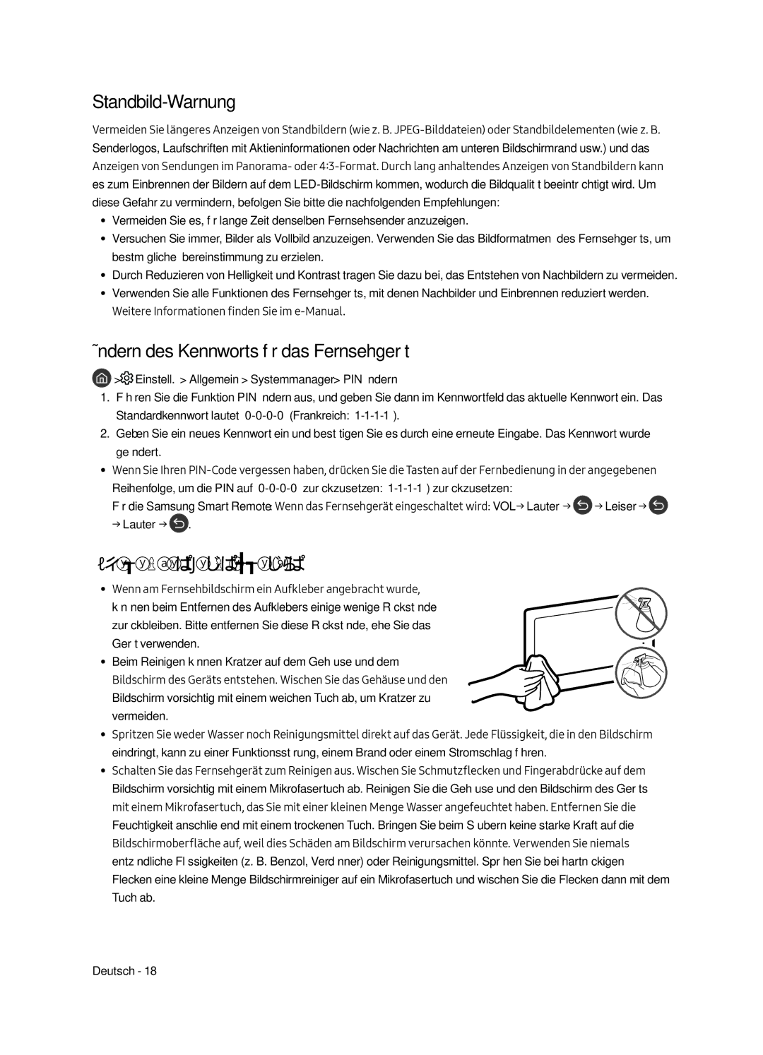 Samsung UE49MU7055TXXC Standbild-Warnung, Ändern des Kennworts für das Fernsehgerät, Pflegen des Fernsehgeräts, → Lauter → 