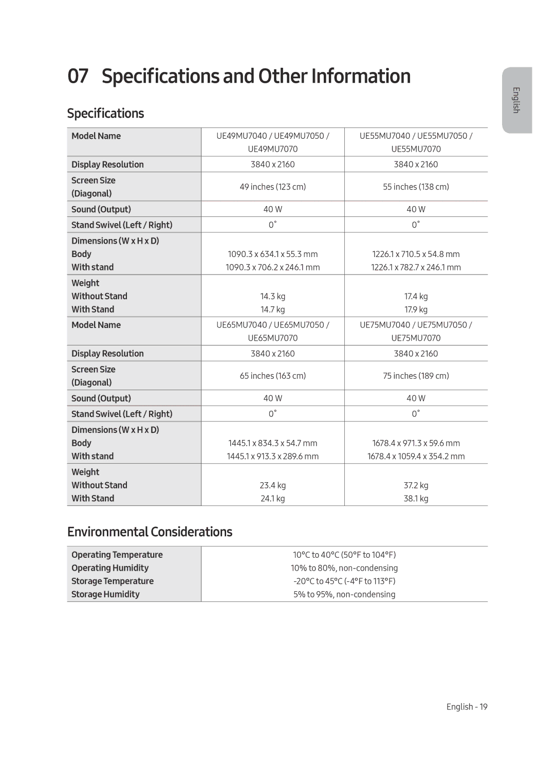 Samsung UE55MU7050LXXN, UE65MU7070LXXN, UE55MU7040LXXN Specifications and Other Information, Environmental Considerations 