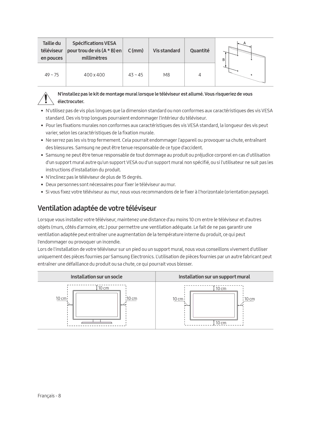 Samsung UE55MU7050LXXN manual Ventilation adaptée de votre téléviseur, Vis standard Quantité, Installation sur un socle 