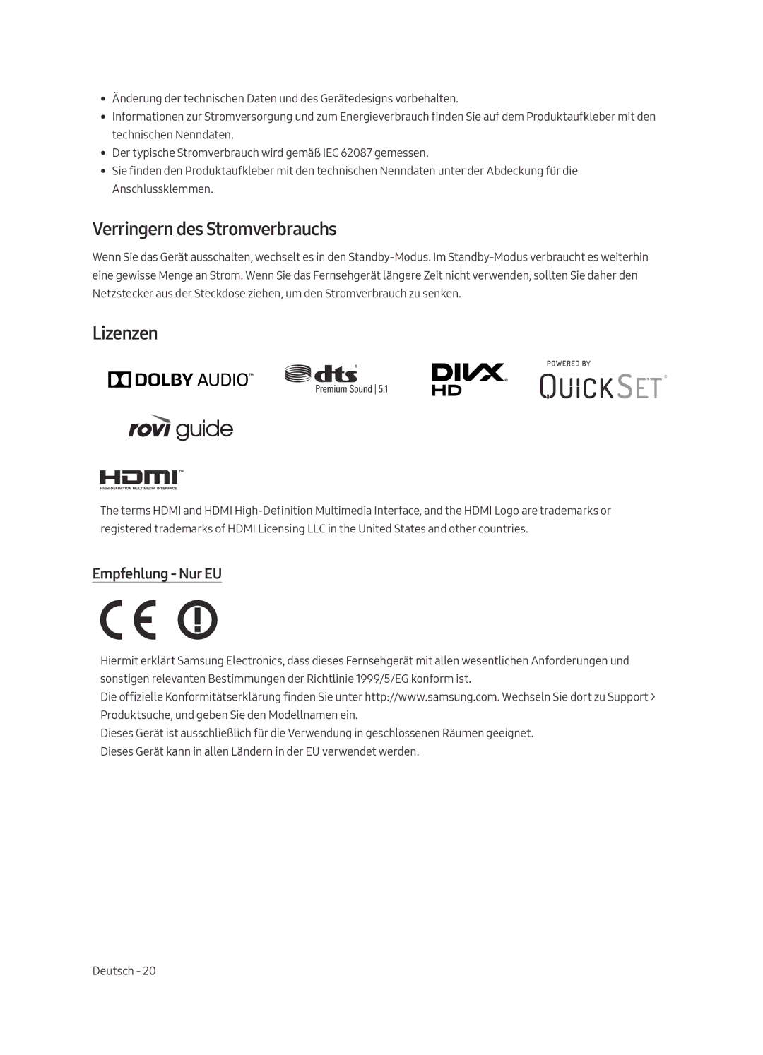 Samsung UE65MU7050LXXN, UE65MU7070LXXN, UE55MU7050LXXN manual Verringern des Stromverbrauchs, Lizenzen, Empfehlung Nur EU 