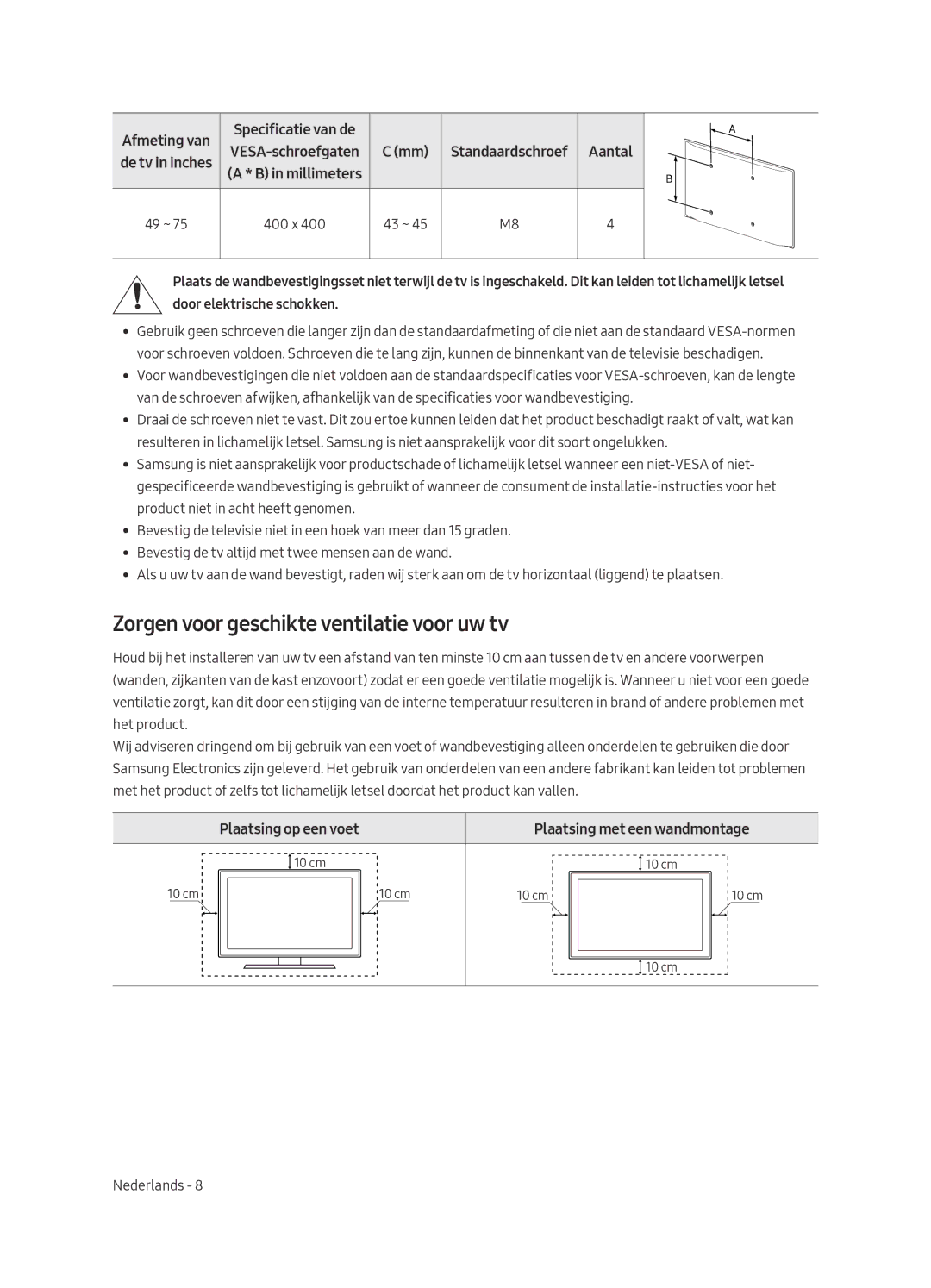 Samsung UE49MU7050LXXN, UE65MU7070LXXN, UE55MU7050LXXN Zorgen voor geschikte ventilatie voor uw tv, Plaatsing op een voet 