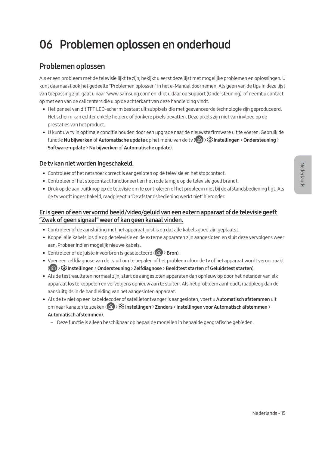 Samsung UE55MU7070LXXN, UE65MU7070LXXN, UE55MU7050LXXN Problemen oplossen en onderhoud, De tv kan niet worden ingeschakeld 