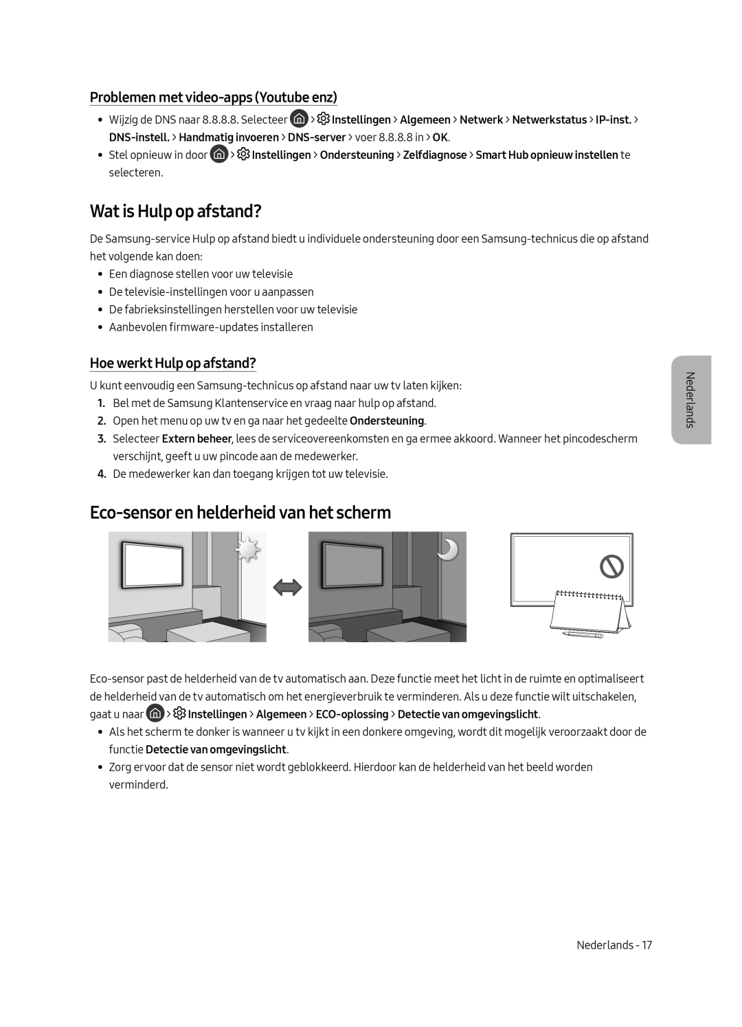 Samsung UE49MU7050LXXN manual Wat is Hulp op afstand?, Eco-sensor en helderheid van het scherm, Hoe werkt Hulp op afstand? 