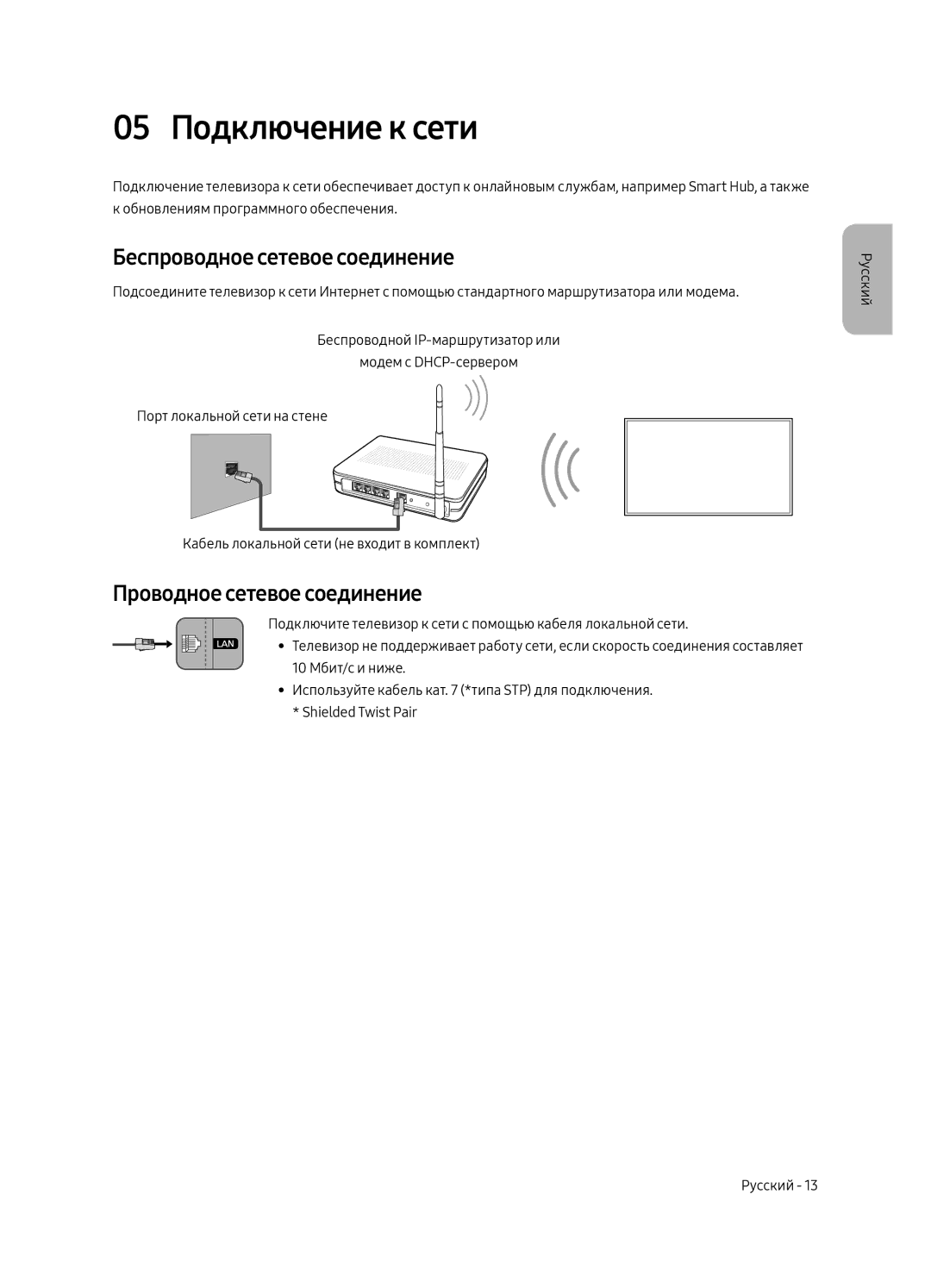 Samsung UE49MU7350UXSQ manual 05 Подключение к сети, Беспроводное сетевое соединение, Проводное сетевое соединение 