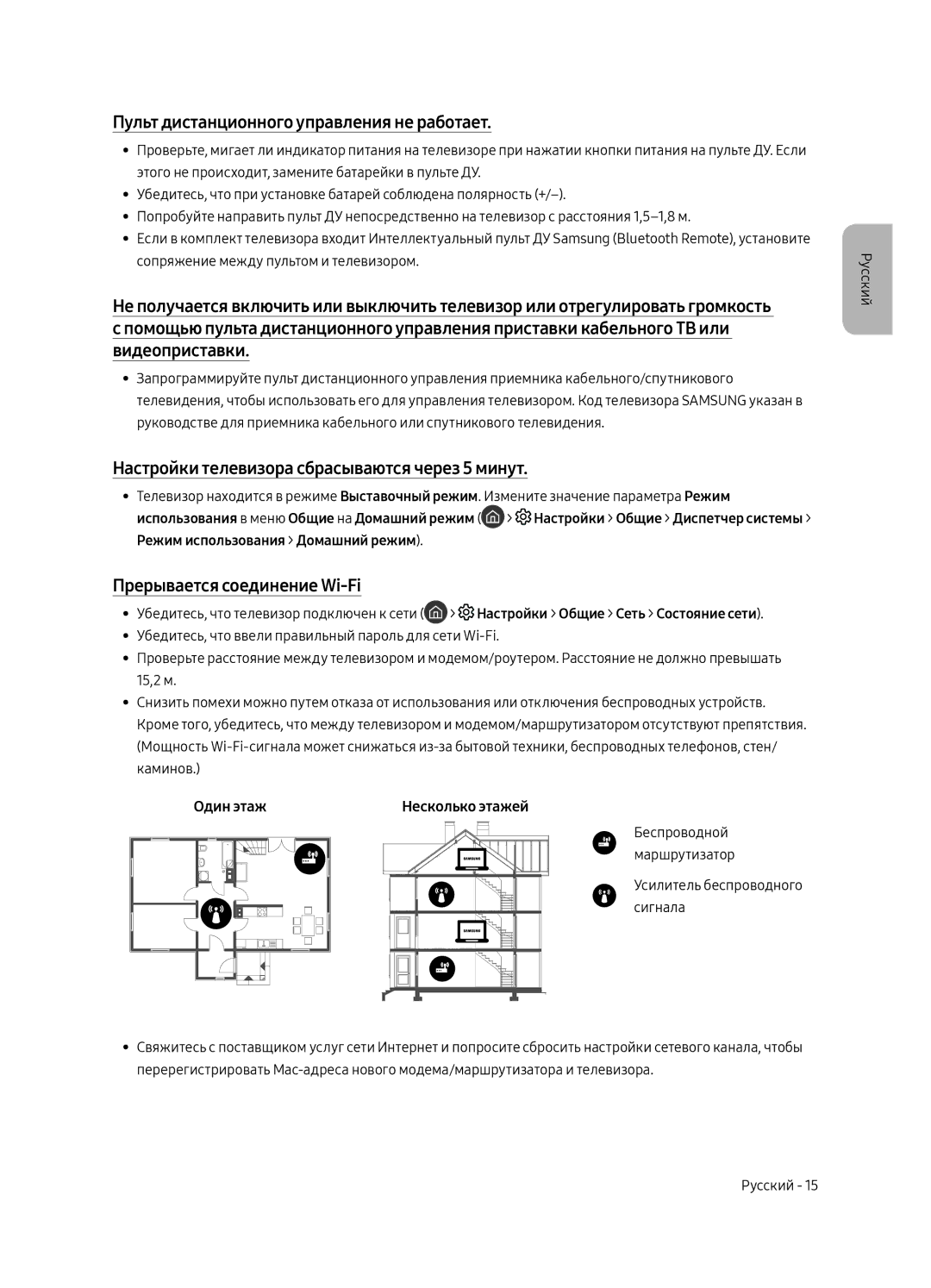 Samsung UE65MU7350UXSQ manual Пульт дистанционного управления не работает, Настройки телевизора сбрасываются через 5 минут 