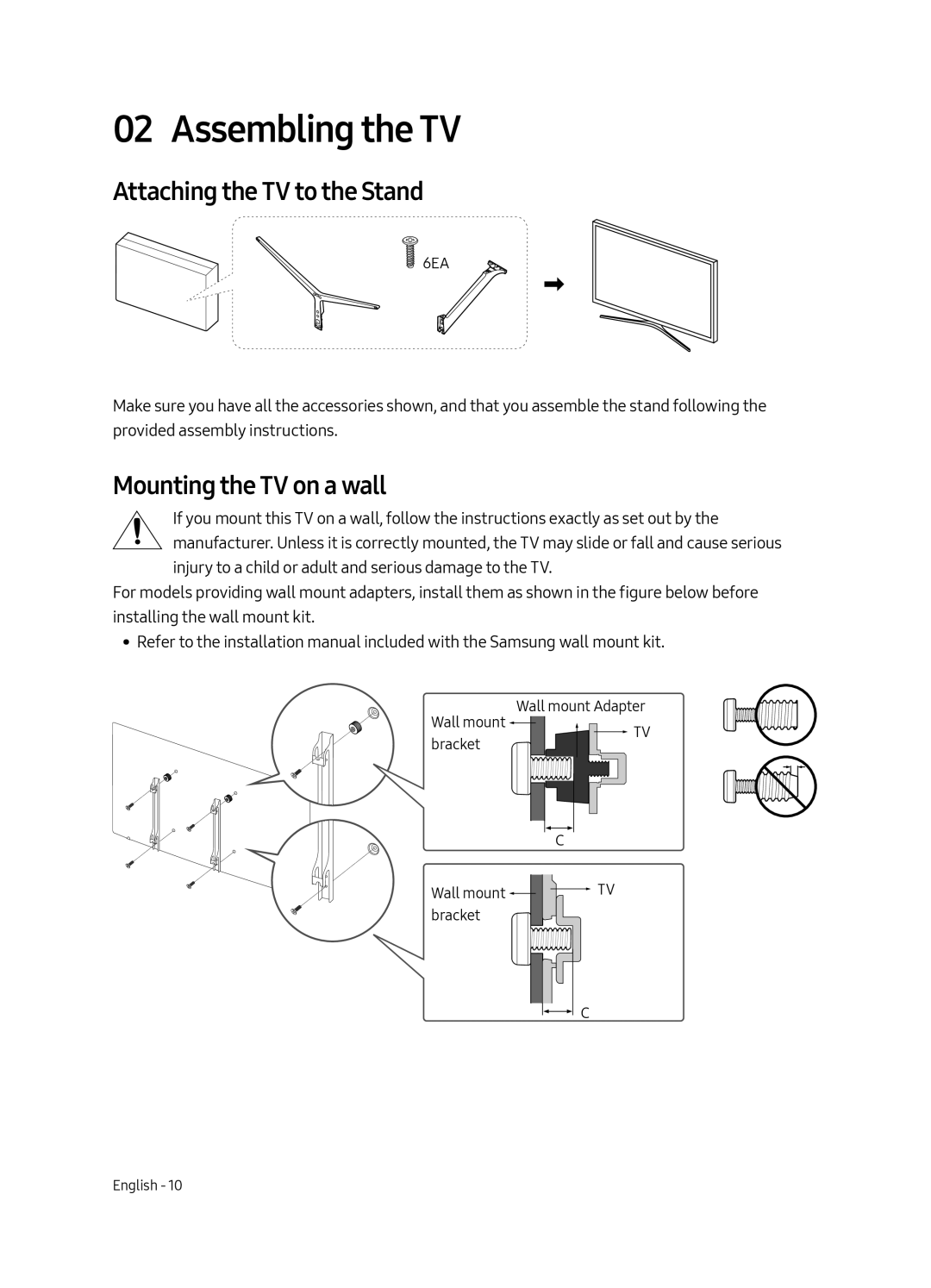 Samsung UE49MU8000TXSQ, UE65MU8000TXZG manual Assembling the TV, Attaching the TV to the Stand, Mounting the TV on a wall 
