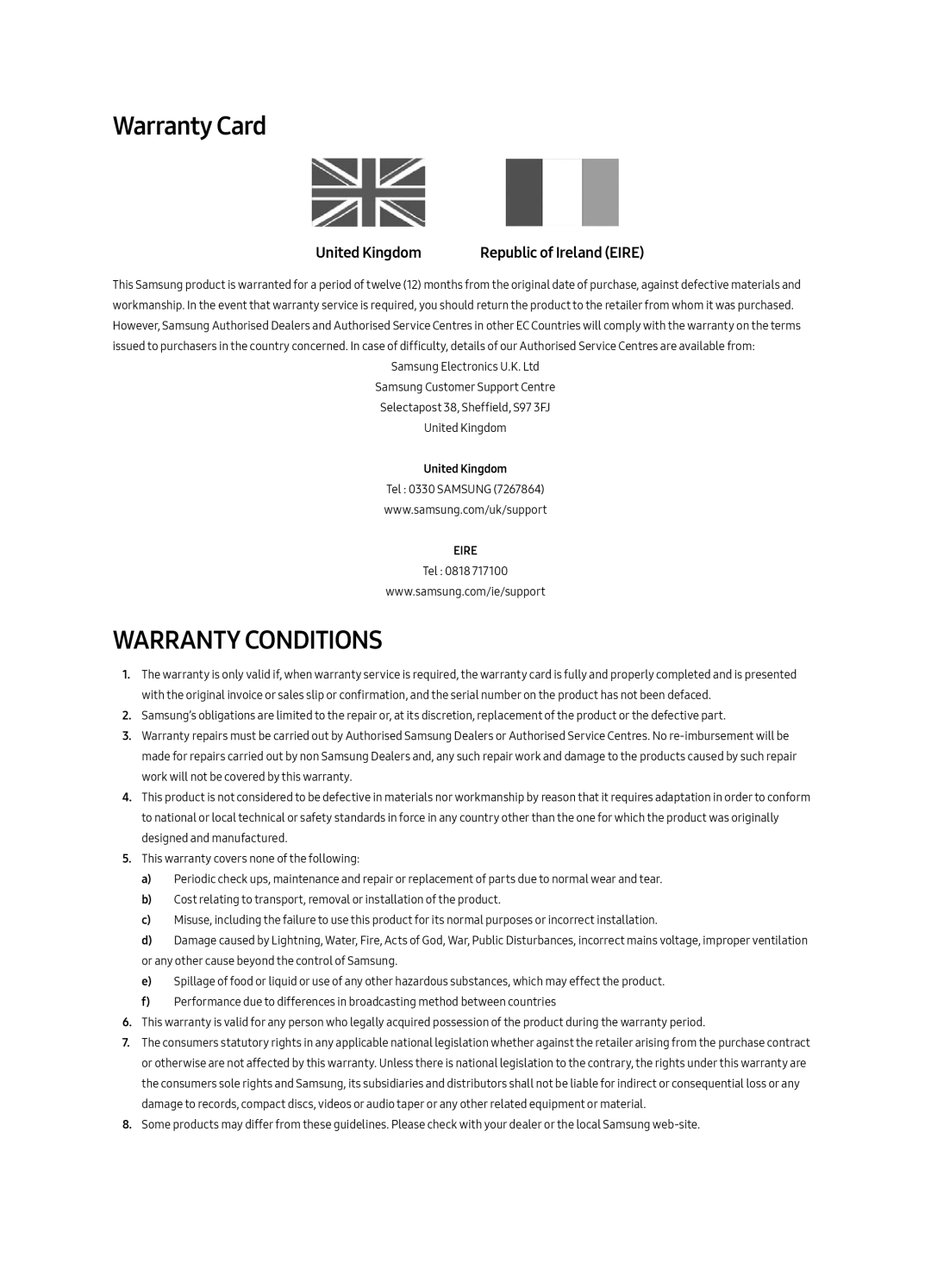 Samsung UE49MU8000TXZG, UE65MU8000TXZG Warranty Card, Warranty Conditions, Republic of Ireland EIRE, United Kingdom, Eire 