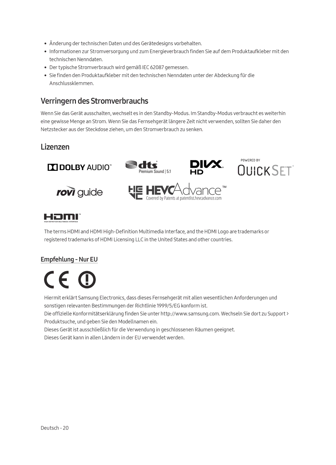 Samsung UE65MU8005TXXC, UE55MU8005TXXC, UE75MU8005TXXC manual Verringern des Stromverbrauchs, Lizenzen, Empfehlung Nur EU 