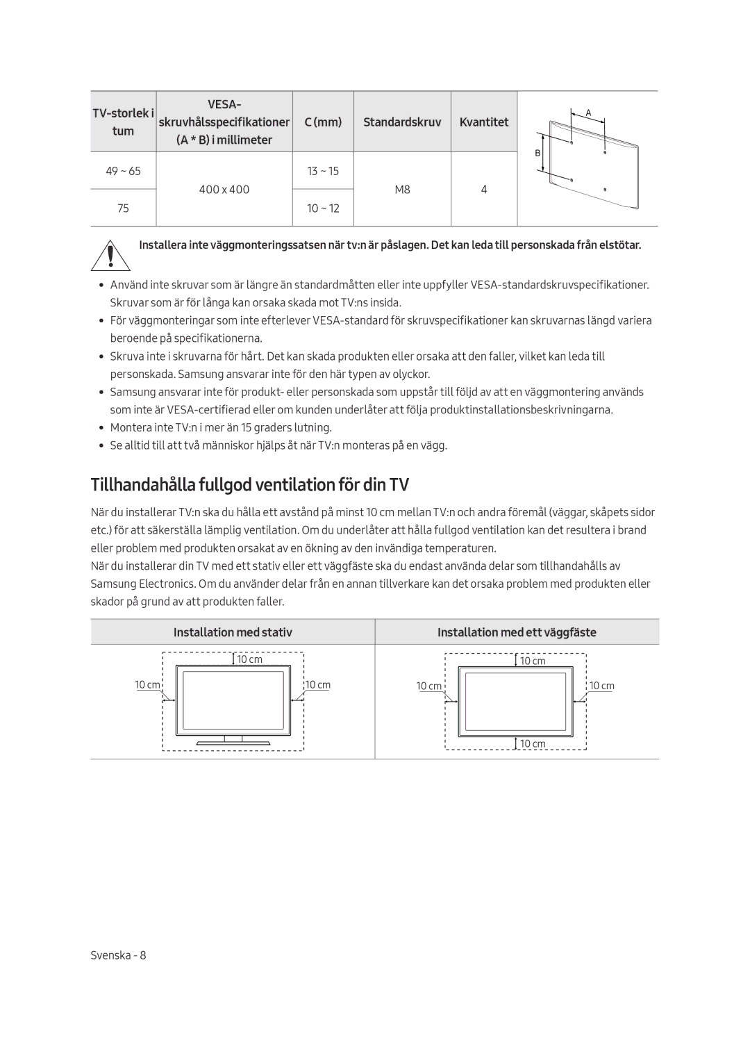 Samsung UE65MU8005TXXC, UE55MU8005TXXC, UE75MU8005TXXC manual Tillhandahålla fullgod ventilation för din TV, Kvantitet 