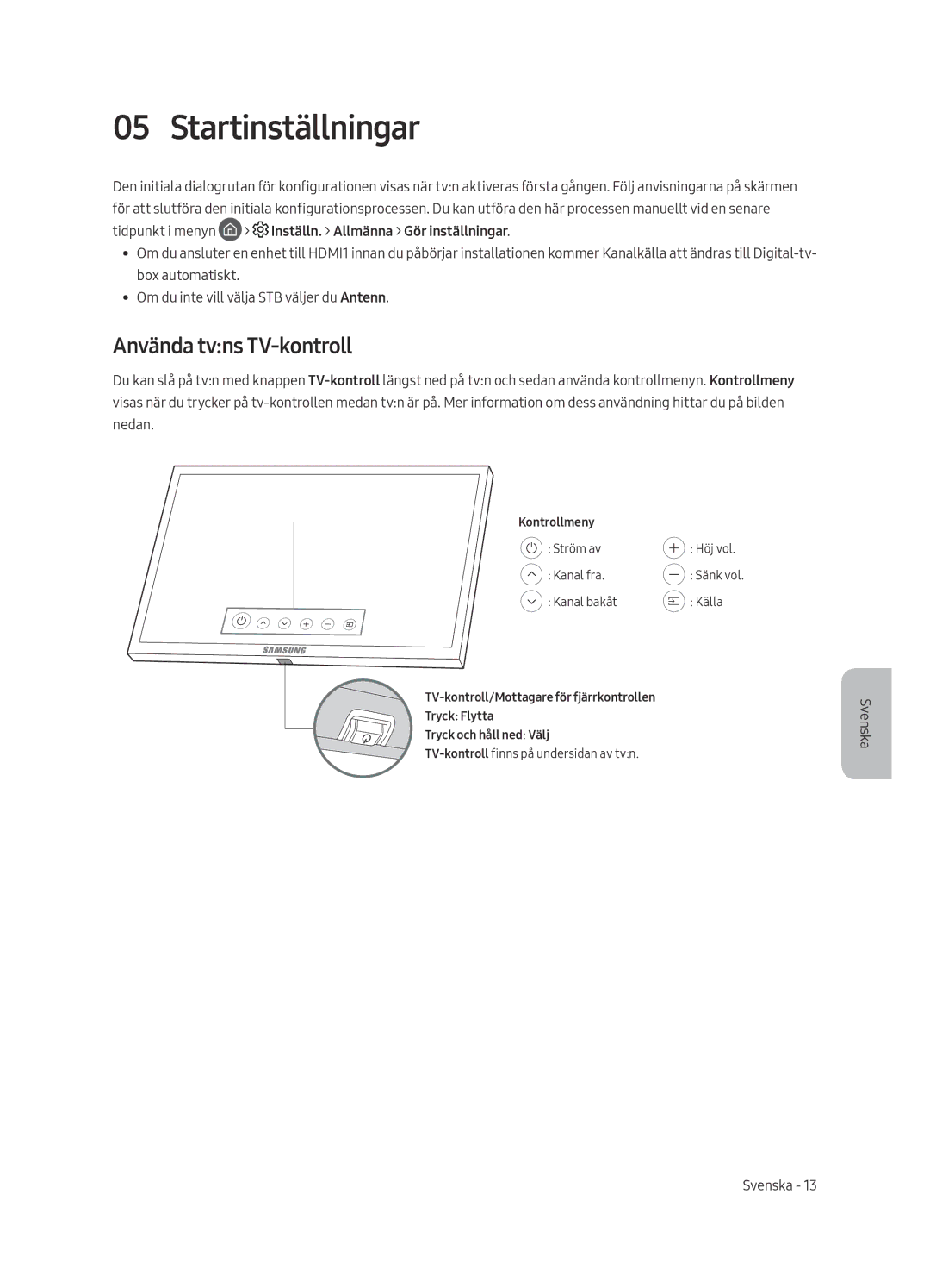 Samsung UE55MU8005TXXC, UE65MU8005TXXC, UE75MU8005TXXC, UE49MU8005TXXC manual Startinställningar, Använda tvns TV-kontroll 