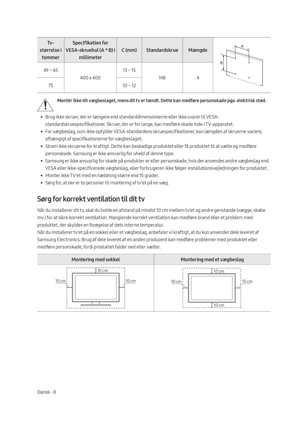 Samsung UE65MU8005TXXC, UE55MU8005TXXC, UE75MU8005TXXC manual Sørg for korrekt ventilation til dit tv, Specifikation for 