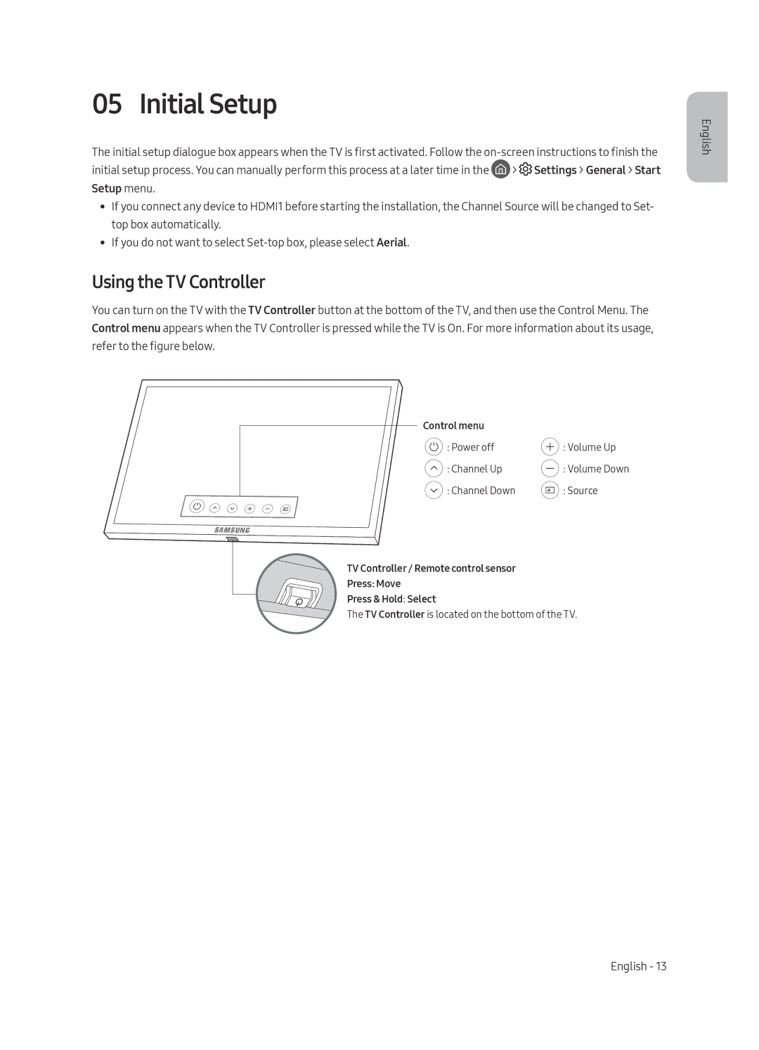 Samsung UE55MU8005TXXC, UE65MU8005TXXC, UE75MU8005TXXC, UE49MU8005TXXC manual Initial Setup, Using the TV Controller 