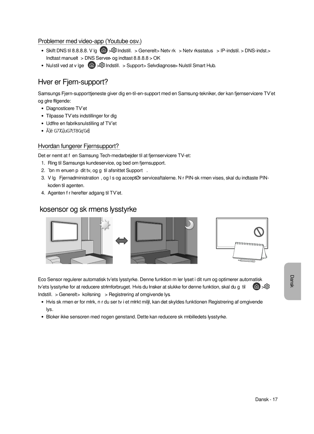 Samsung UE55MU8005TXXC manual Hver er Fjern-support?, Økosensor og skærmens lysstyrke, Problemer med video-app Youtube osv 