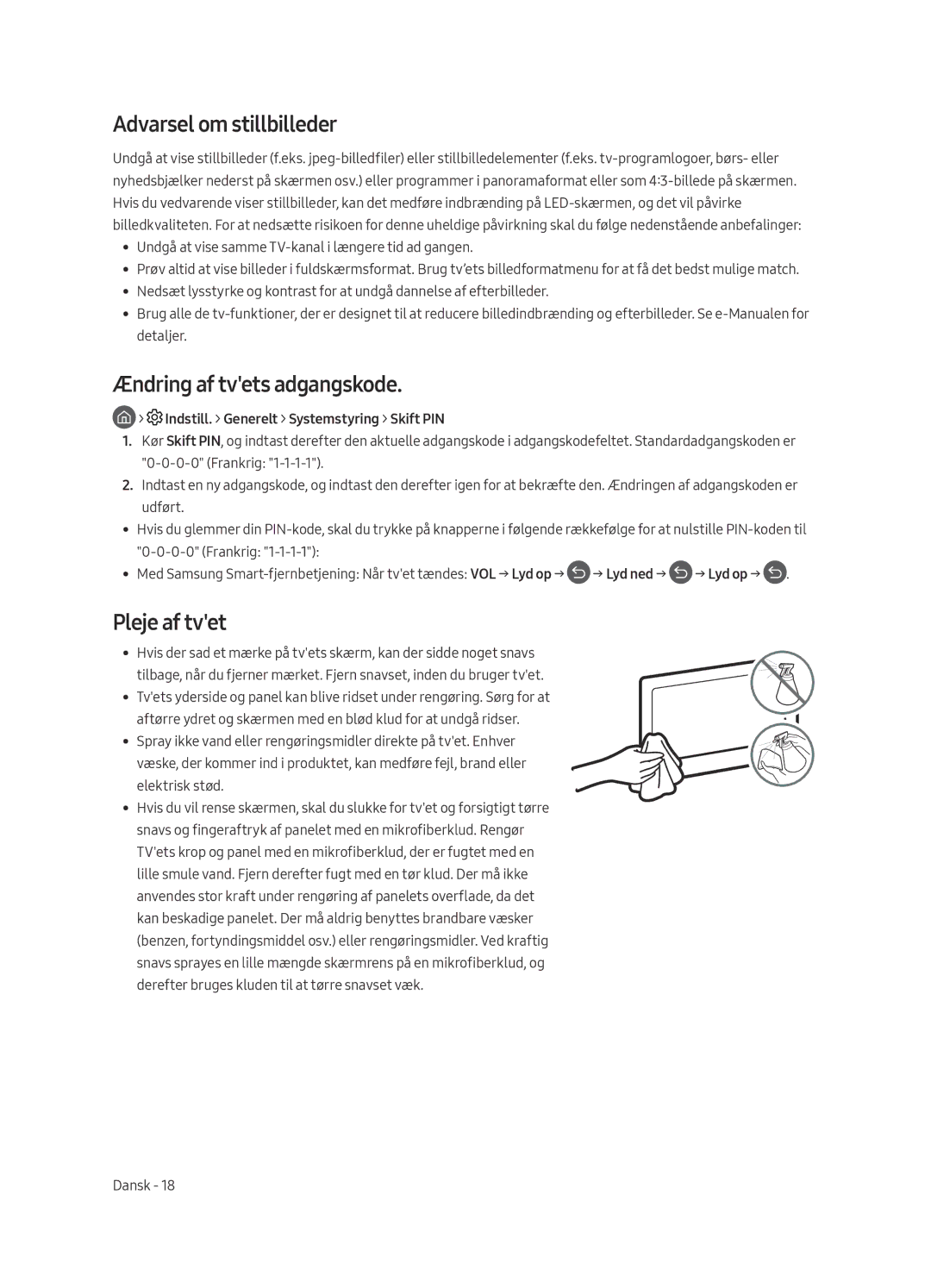 Samsung UE75MU8005TXXC manual Ændring af tvets adgangskode, Pleje af tvet, Indstill. Generelt Systemstyring Skift PIN 