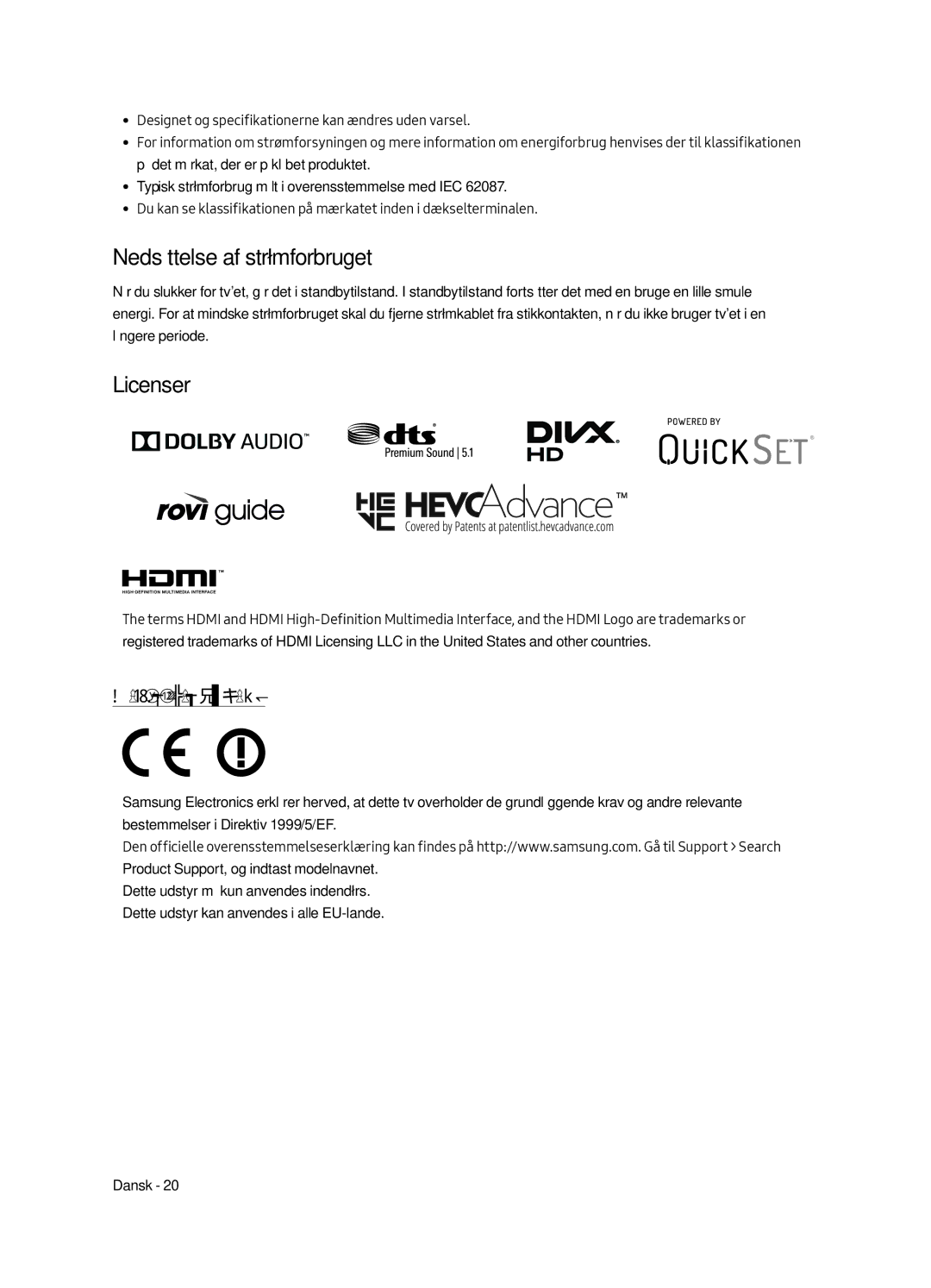 Samsung UE65MU8005TXXC, UE55MU8005TXXC, UE75MU8005TXXC, UE49MU8005TXXC manual Nedsættelse af strømforbruget, Anbefaling kun EU 