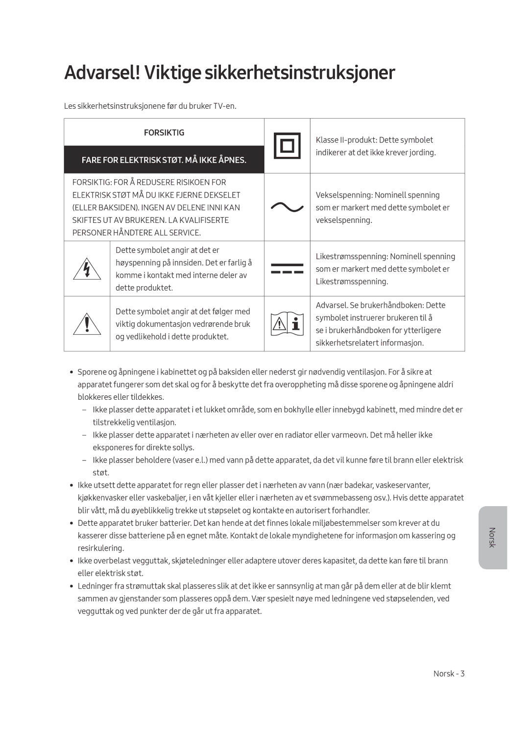 Samsung UE49MU8005TXXC, UE65MU8005TXXC, UE55MU8005TXXC, UE75MU8005TXXC manual Forsiktig 