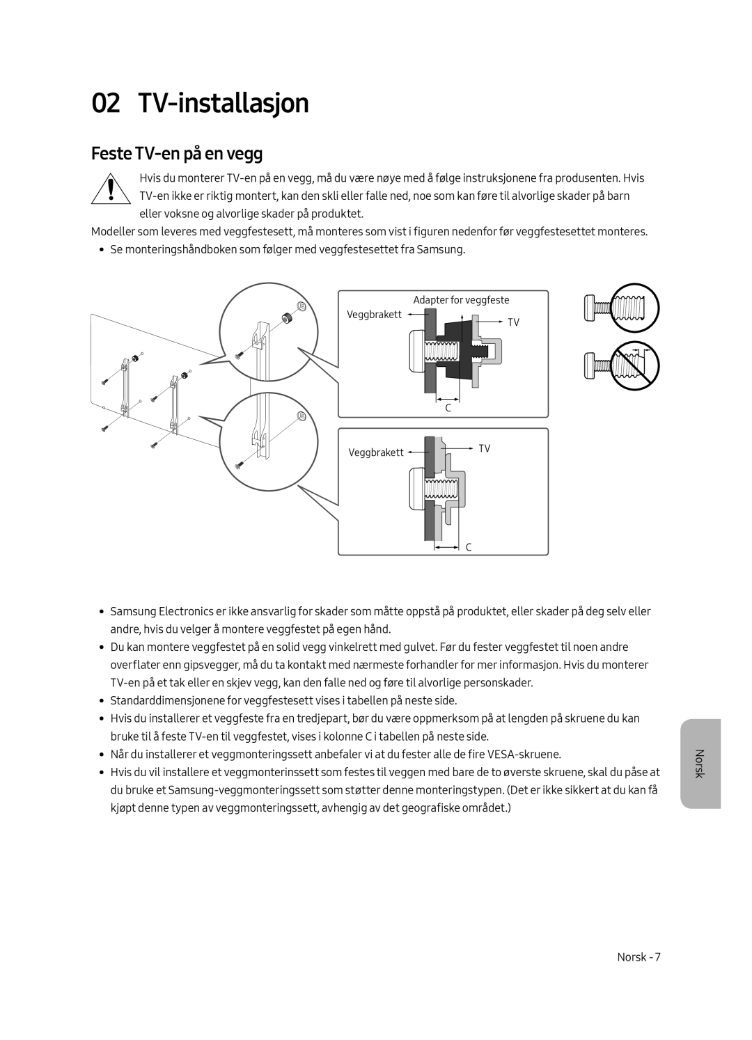 Samsung UE49MU8005TXXC, UE65MU8005TXXC, UE55MU8005TXXC, UE75MU8005TXXC manual TV-installasjon, Feste TV-en på en vegg 