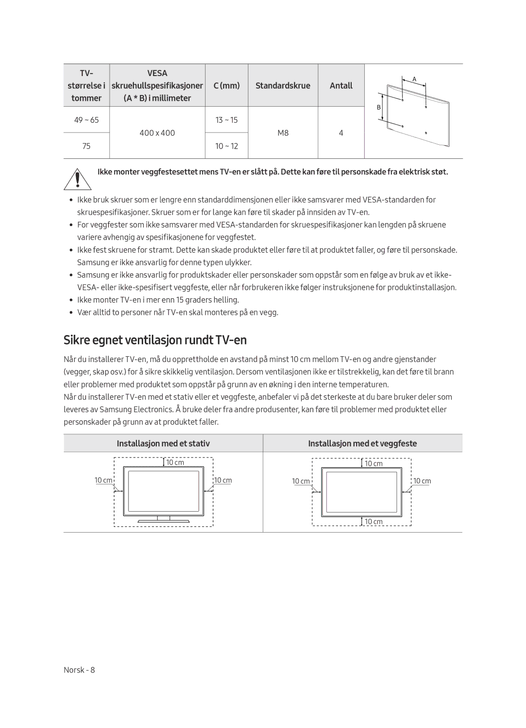 Samsung UE65MU8005TXXC, UE55MU8005TXXC, UE75MU8005TXXC, UE49MU8005TXXC manual Sikre egnet ventilasjon rundt TV-en, Antall 