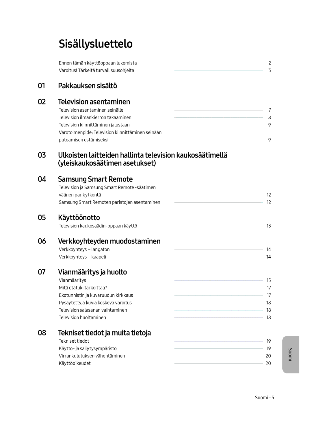 Samsung UE55MU8005TXXC, UE65MU8005TXXC, UE75MU8005TXXC, UE49MU8005TXXC manual Sisällysluettelo 