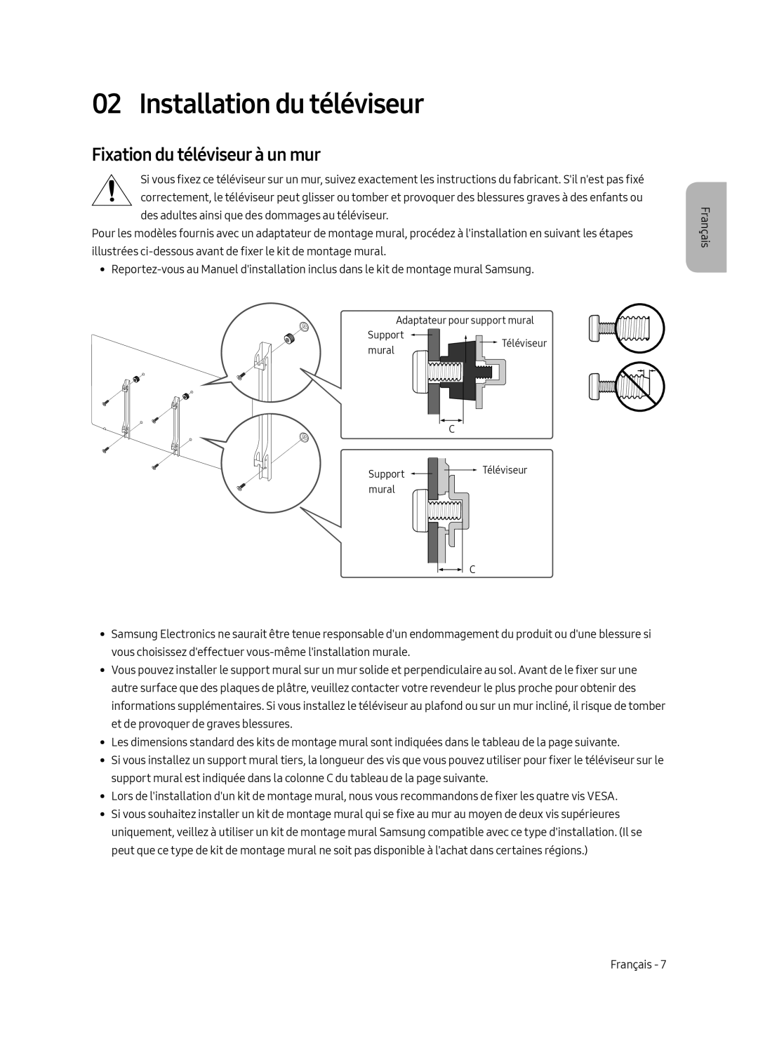 Samsung UE49MU8005TXXC, UE65MU8005TXXC, UE55MU8005TXXC manual Installation du téléviseur, Fixation du téléviseur à un mur 