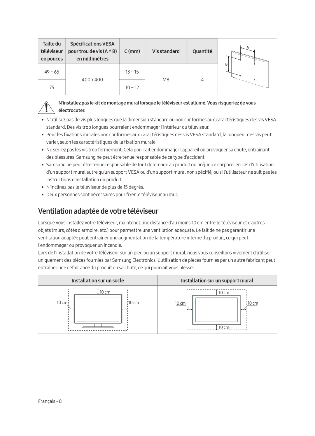 Samsung UE65MU8005TXXC Ventilation adaptée de votre téléviseur, Taille du, Installation sur un socle, Spécifications Vesa 