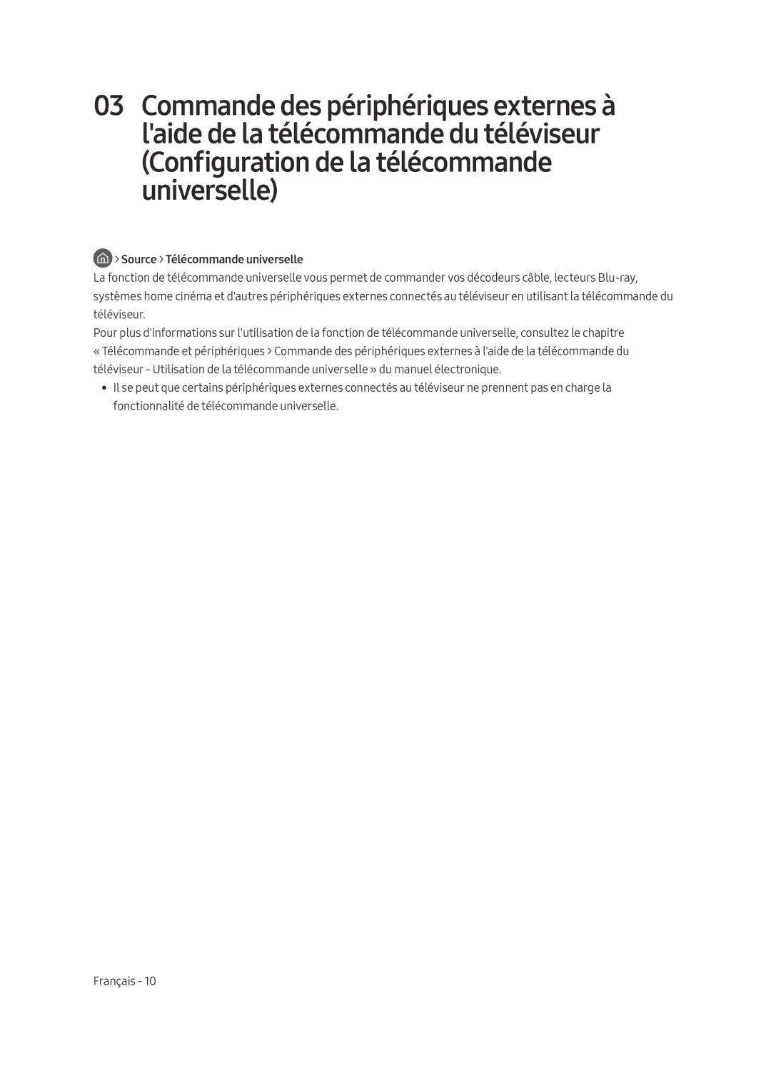 Samsung UE75MU8005TXXC, UE65MU8005TXXC manual Configuration de la télécommande universelle, Source Télécommande universelle 