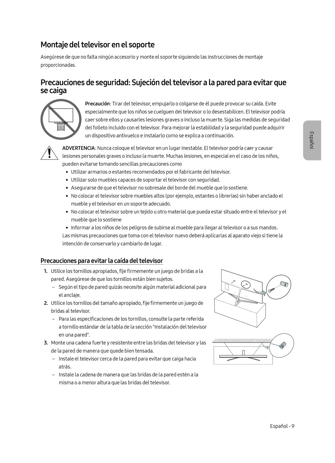 Samsung UE55MU8005TXXC manual Montaje del televisor en el soporte, Precauciones para evitar la caída del televisor 