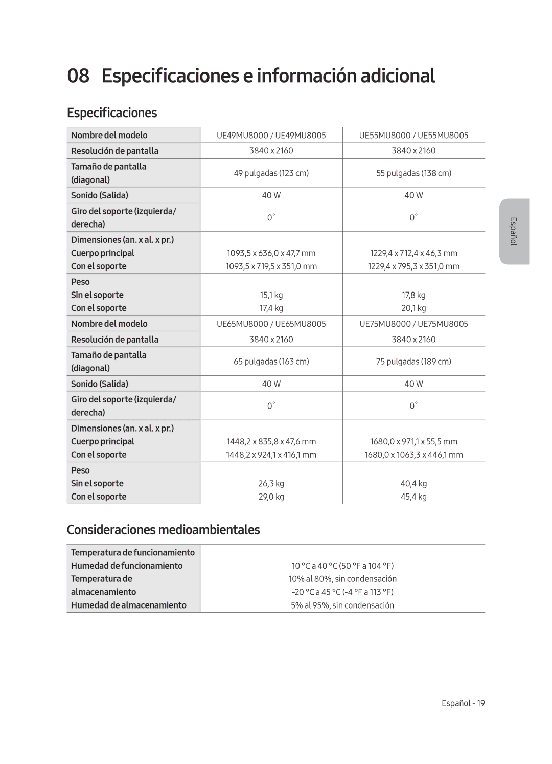 Samsung UE49MU8005TXXC, UE65MU8005TXXC, UE55MU8005TXXC, UE75MU8005TXXC Especificaciones, Consideraciones medioambientales 