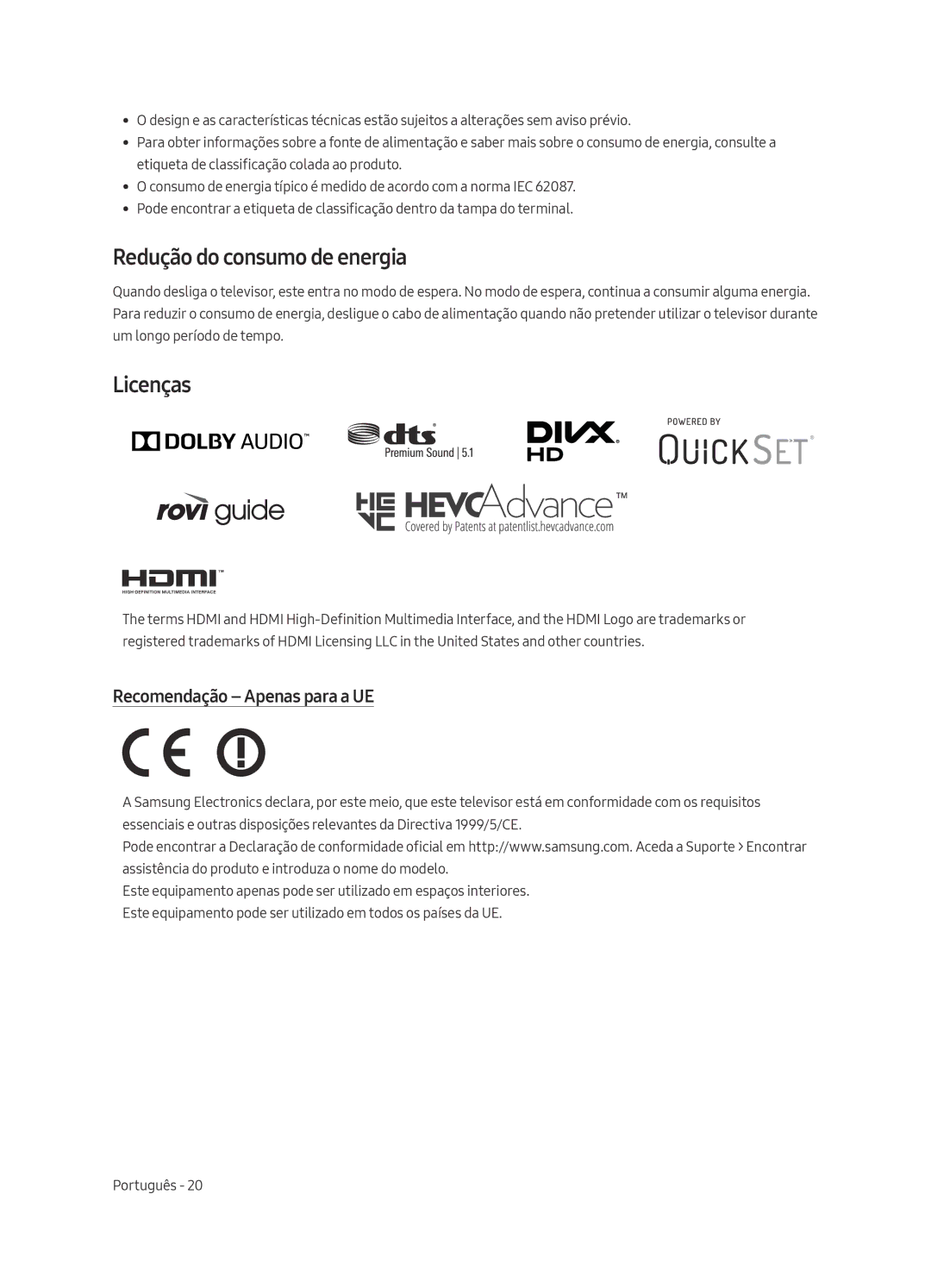 Samsung UE65MU8005TXXC, UE55MU8005TXXC manual Redução do consumo de energia, Licenças, Recomendação Apenas para a UE 